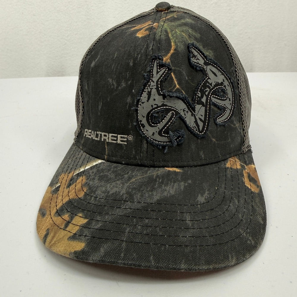Realtree Mesh Back Trucker Hat Mens L/XL Black Camo Distressed Logo Cap‎